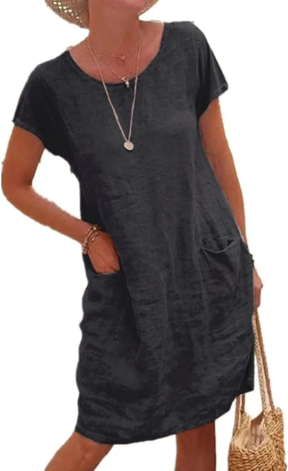 Womens Casual Summer Linen T Shirt Round Neck Dress Swimsuit Loose Cover Up Short Sleeve Tunic Dresses with Pocket
