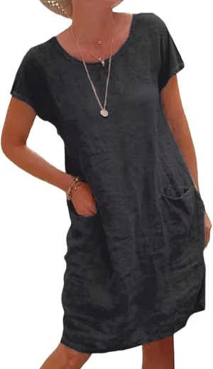 Womens Casual Summer Linen T Shirt Round Neck Dress Swimsuit Loose Cover Up Short Sleeve Tunic Dresses with Pocket