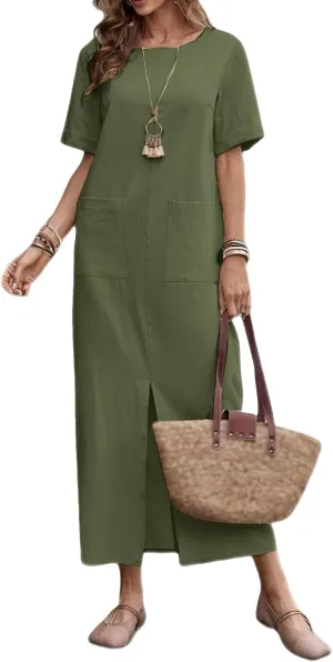 Womens Casual Summer Midi Dress Short Sleeve Crewneck Linen Tshirt Dress Slim Fit Elegant Beach Vacation Long Dresses