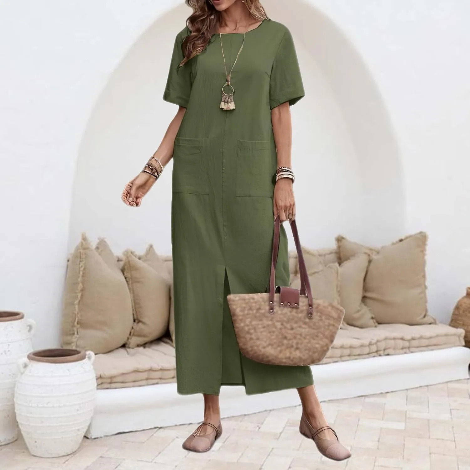 Womens Casual Summer Midi Dress Short Sleeve Crewneck Linen Tshirt Dress Slim Fit Elegant Beach Vacation Long Dresses
