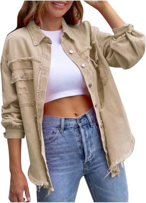 Womens Causal Oversized Soft Lightweight Distressed Jean Jacket Ripped Fringe Long Sleeve Denim Jacket Shacket