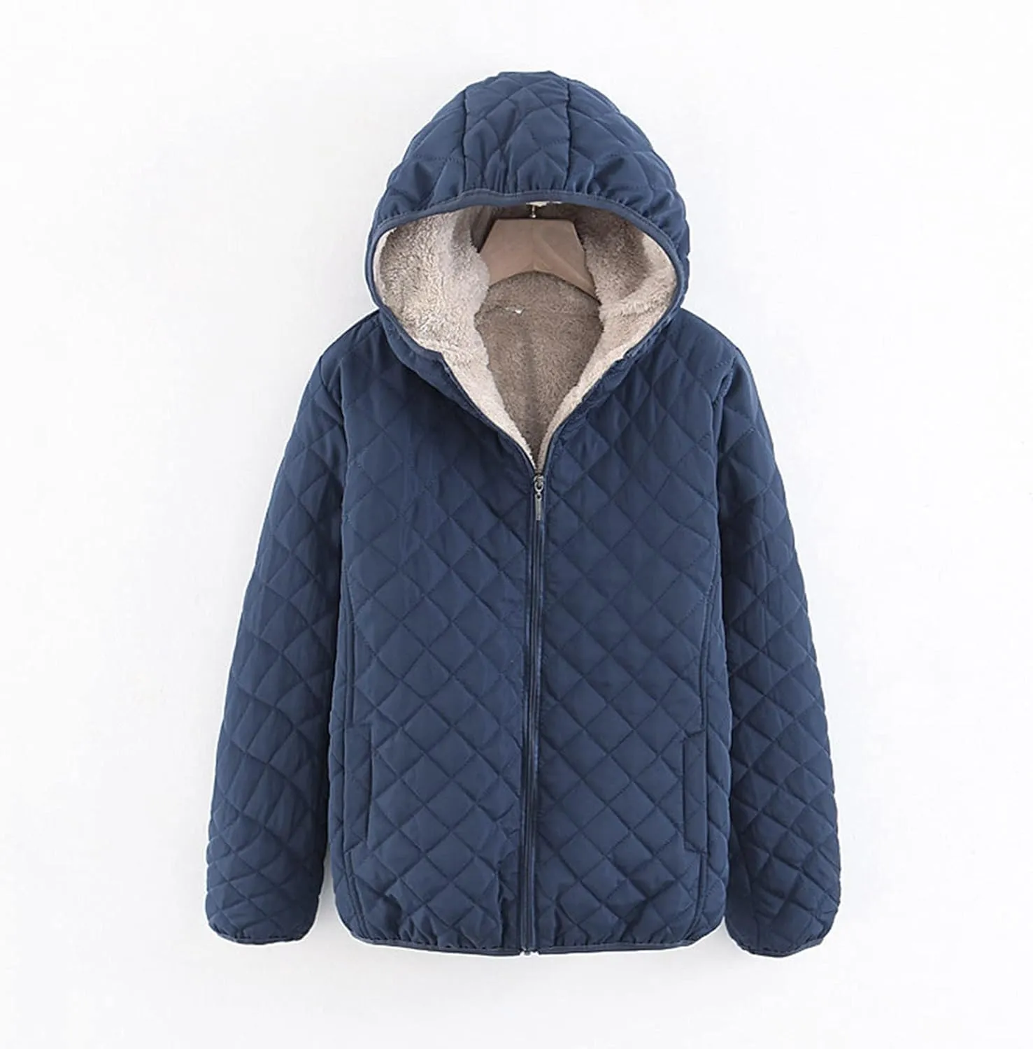 Womens Classic Solid Zip Up Fleece Coat Long Sleeve Hooded Pocket Overcoat Insulated Loose Slim Jacket Winter Outfits