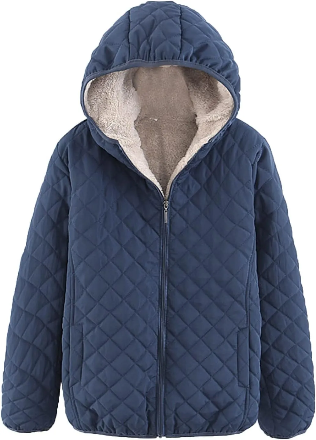 Womens Classic Solid Zip Up Fleece Coat Long Sleeve Hooded Pocket Overcoat Insulated Loose Slim Jacket Winter Outfits