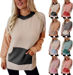 Womens Corduroy Hoodies Autumn Color Block Hooded Long Sleeve High Low Irregular Hem Sweatshirts Casual Workout Tops