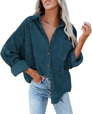 Womens Corduroy Shirts Fall Loose Lapel Buttoned Roll Up Long Sleeve Solid Color Casual Blouse Dressy Business Tunics