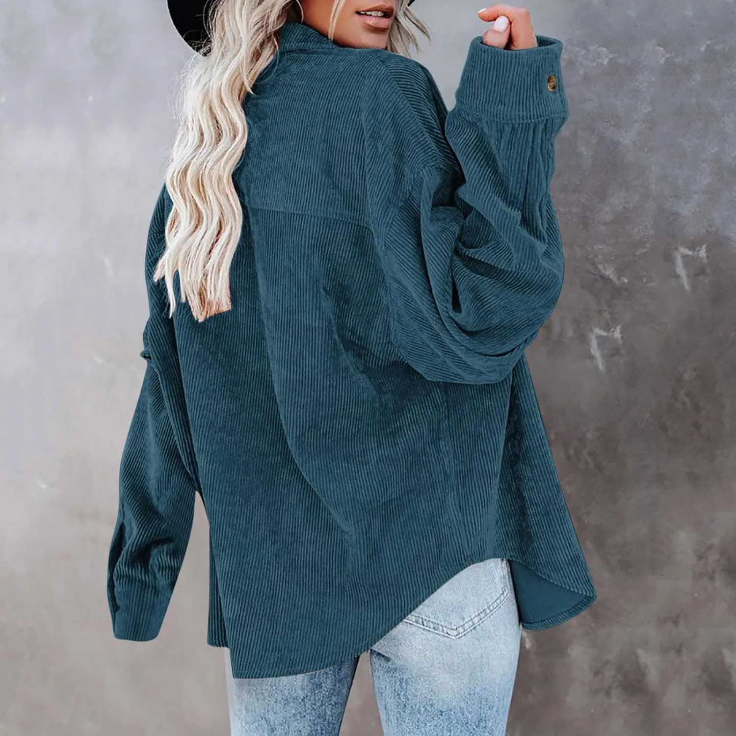 Womens Corduroy Shirts Fall Loose Lapel Buttoned Roll Up Long Sleeve Solid Color Casual Blouse Dressy Business Tunics
