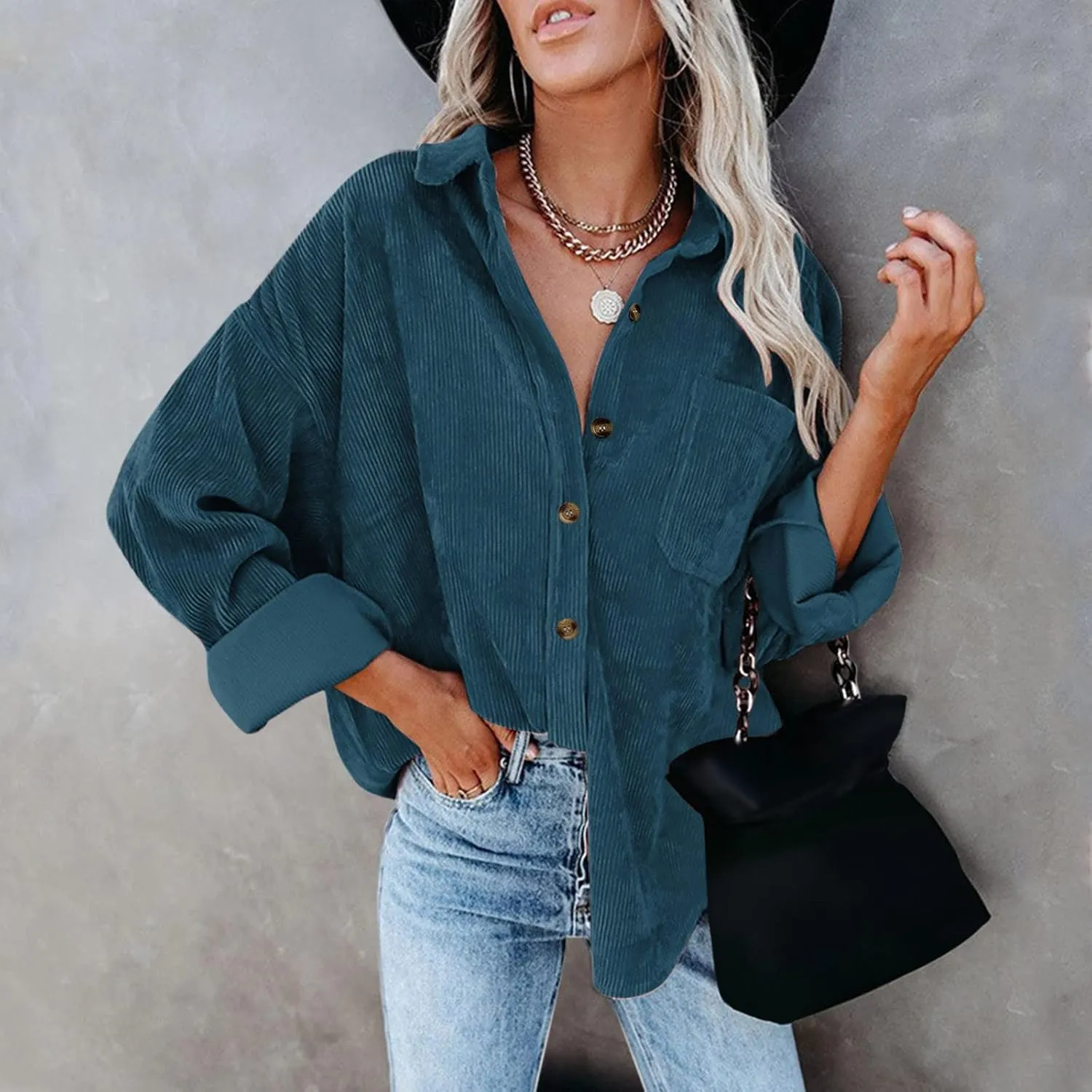 Womens Corduroy Shirts Fall Loose Lapel Buttoned Roll Up Long Sleeve Solid Color Casual Blouse Dressy Business Tunics