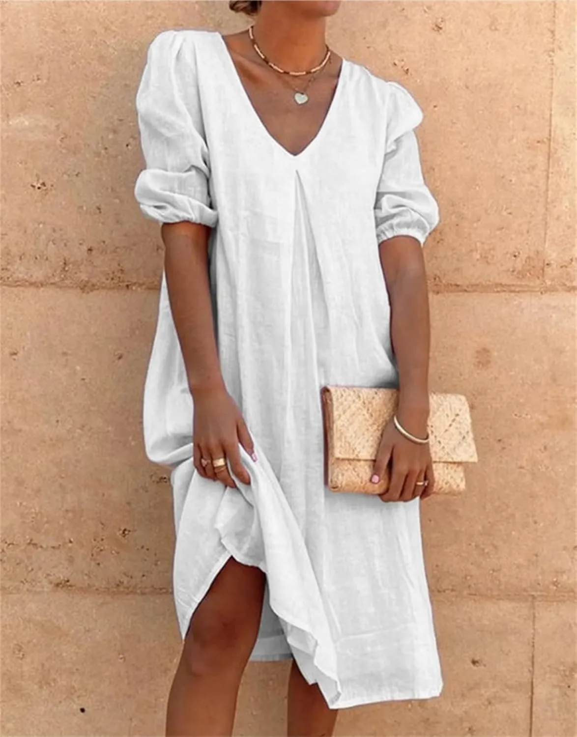 Womens Cotton Linen Dress Summer Midi Dresses V Neck Bubble Sleeve Casual Loose Dress Beach Dresses