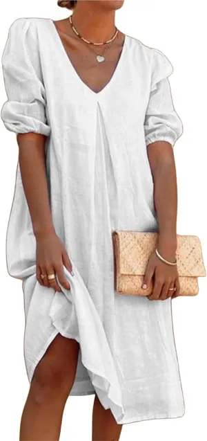Womens Cotton Linen Dress Summer Midi Dresses V Neck Bubble Sleeve Casual Loose Dress Beach Dresses