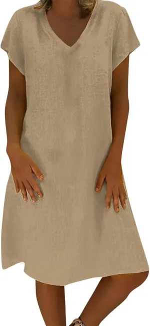 Women's Cotton Linen Dresses 2025 Summer Cup Sleeve Comfy Travel Sundresses Beach Vacation Wear Trendy Dress Outfits