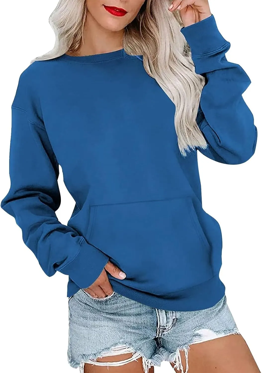 Womens Crewneck Sweatshirt Fleece Long Sleeve Cute Sweatshirts No Hooded Y2k Plain Trendy Hoodies with Pockets