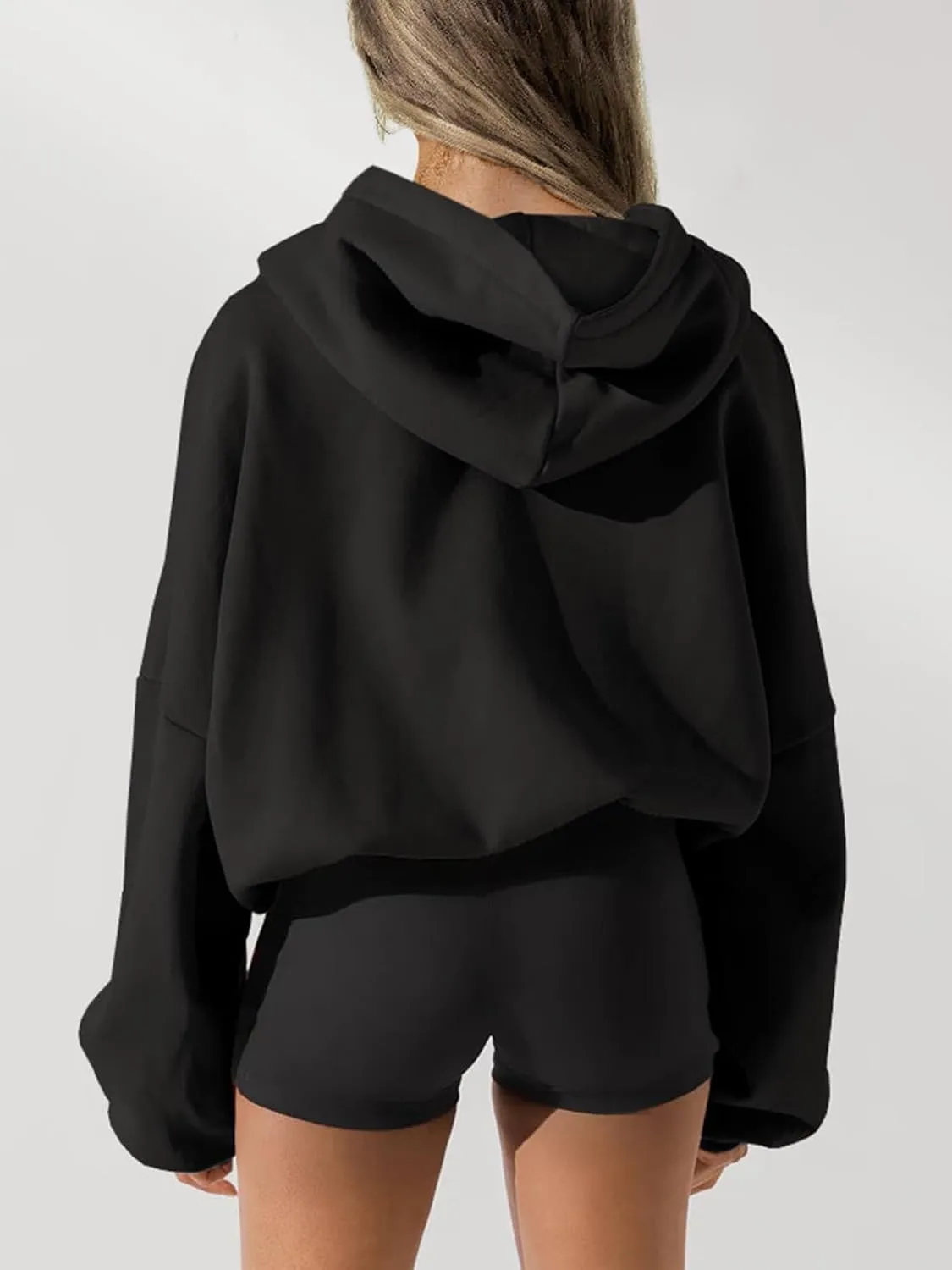 Women's Cropped Hoodie Sweatshirt Fleece Lined Full Zip Up Jacket With Pockets