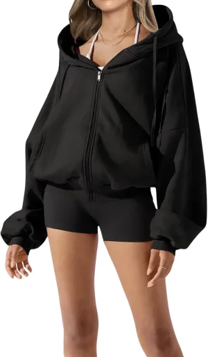 Women's Cropped Hoodie Sweatshirt Fleece Lined Full Zip Up Jacket With Pockets