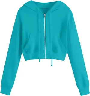 Womens Cropped Zip Up Hoodies Long Sleeve Sweatshirt Jacket with Hood Trendy Y2K Crop Tops Teen Girls Clothes 2024