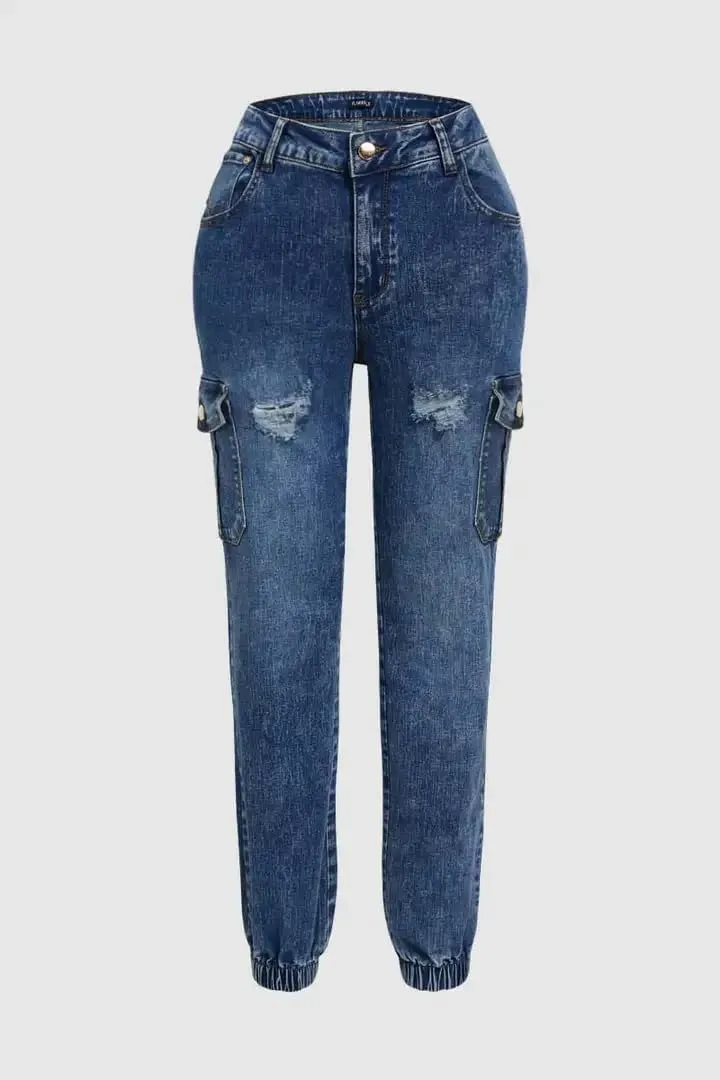 Women's Distressed Ripped Boyfriend Jeans with Pockets, Mid-Rise, Ankle Length