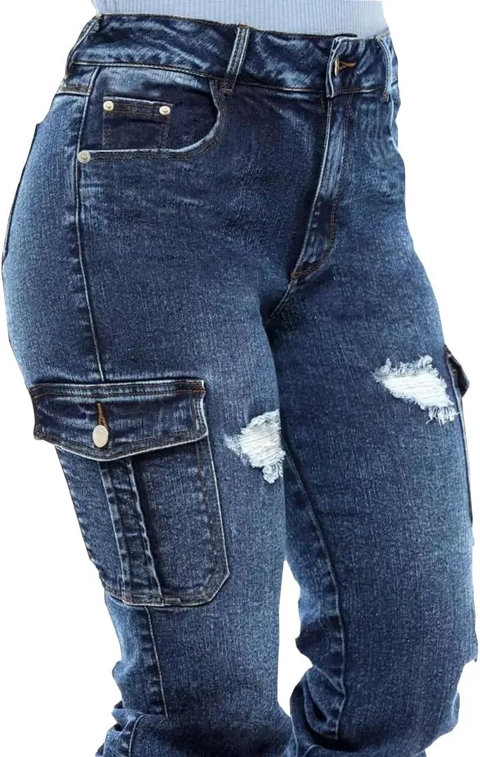 Women's Distressed Ripped Boyfriend Jeans with Pockets, Mid-Rise, Ankle Length