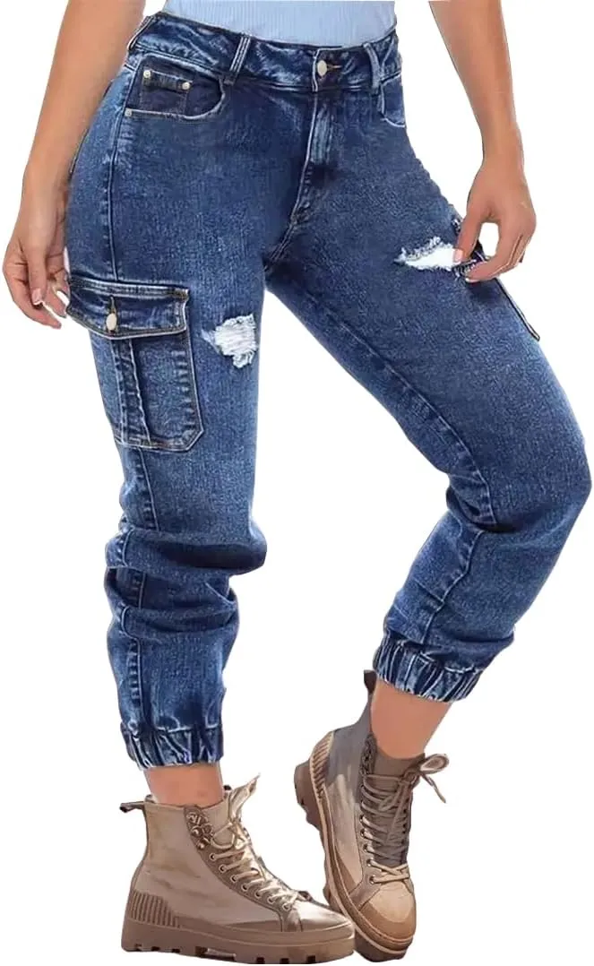 Women's Distressed Ripped Boyfriend Jeans with Pockets, Mid-Rise, Ankle Length