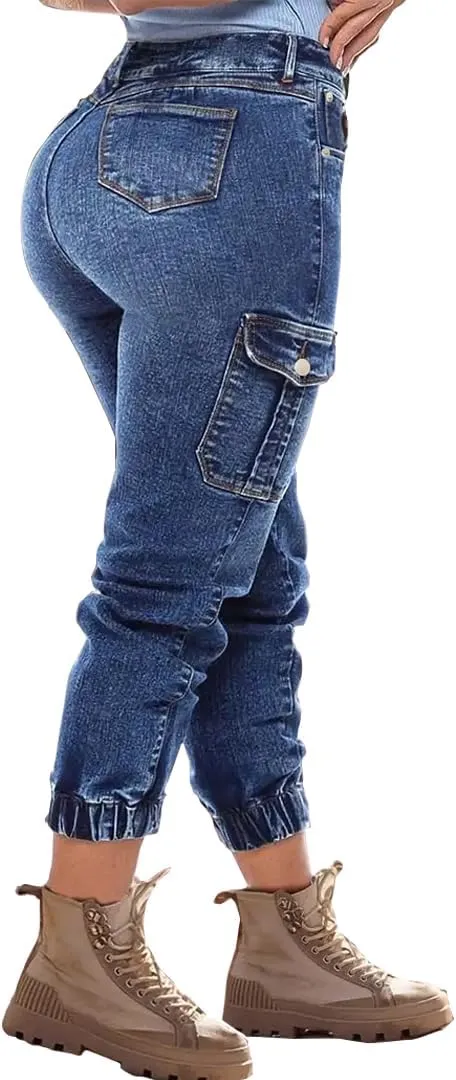 Women's Distressed Ripped Boyfriend Jeans with Pockets, Mid-Rise, Ankle Length