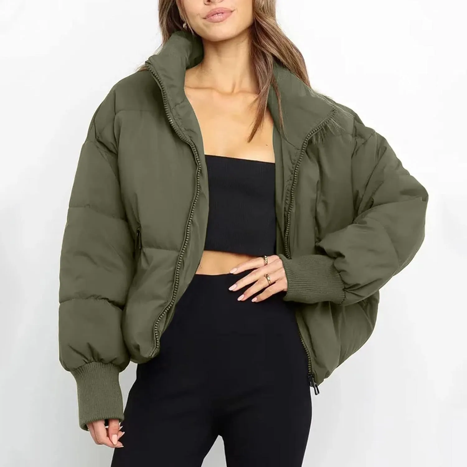 Women's Down Puffer Jacket with Hood Lightweight Thermal Quilted Coat with Pockets Zip-up Winter Warm Jacket XS-L