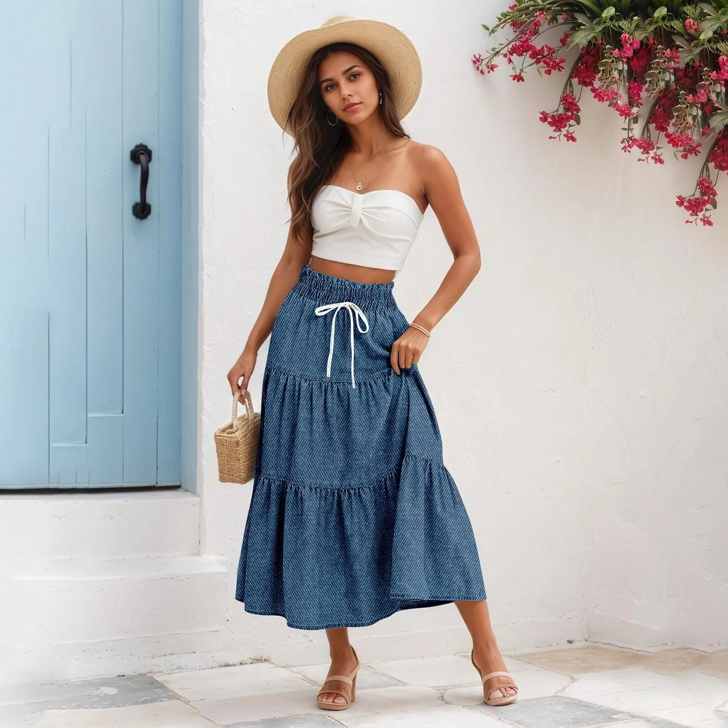 Women's Drawstring Elastic Waist Midi Skirt Solid Color Pleated A Line Tiered Skirts Beach Vacation Flowy Skirt