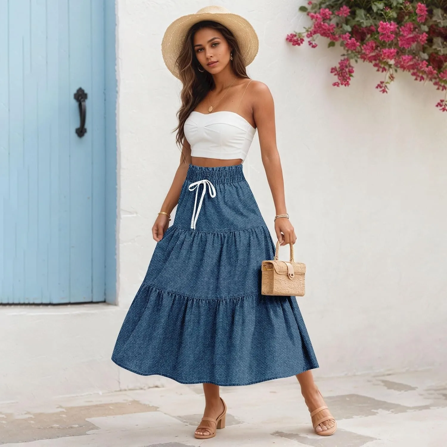 Women's Drawstring Elastic Waist Midi Skirt Solid Color Pleated A Line Tiered Skirts Beach Vacation Flowy Skirt