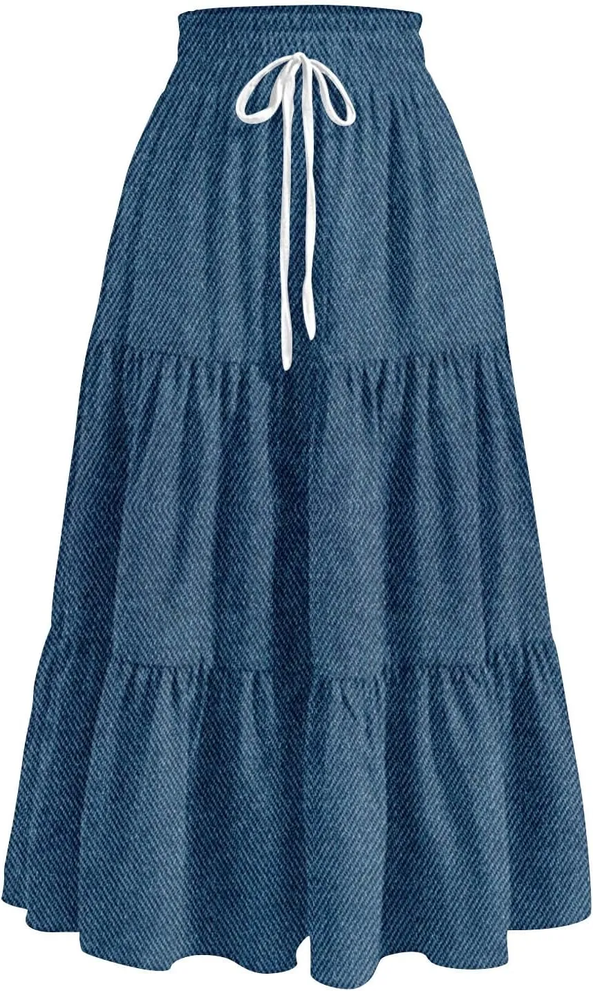 Women's Drawstring Elastic Waist Midi Skirt Solid Color Pleated A Line Tiered Skirts Beach Vacation Flowy Skirt