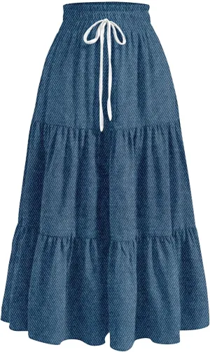 Women's Drawstring Elastic Waist Midi Skirt Solid Color Pleated A Line Tiered Skirts Beach Vacation Flowy Skirt