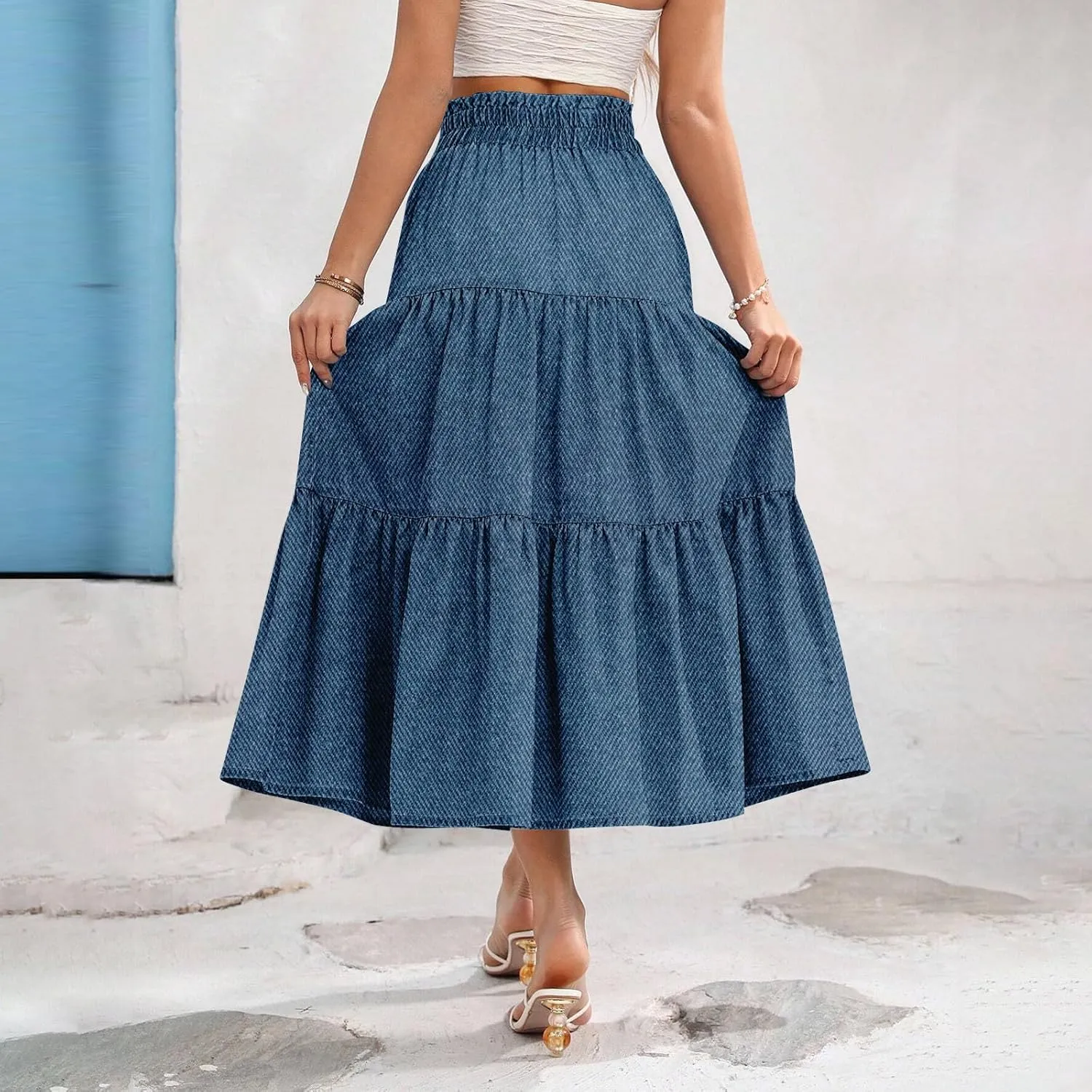 Women's Drawstring Elastic Waist Midi Skirt Solid Color Pleated A Line Tiered Skirts Beach Vacation Flowy Skirt