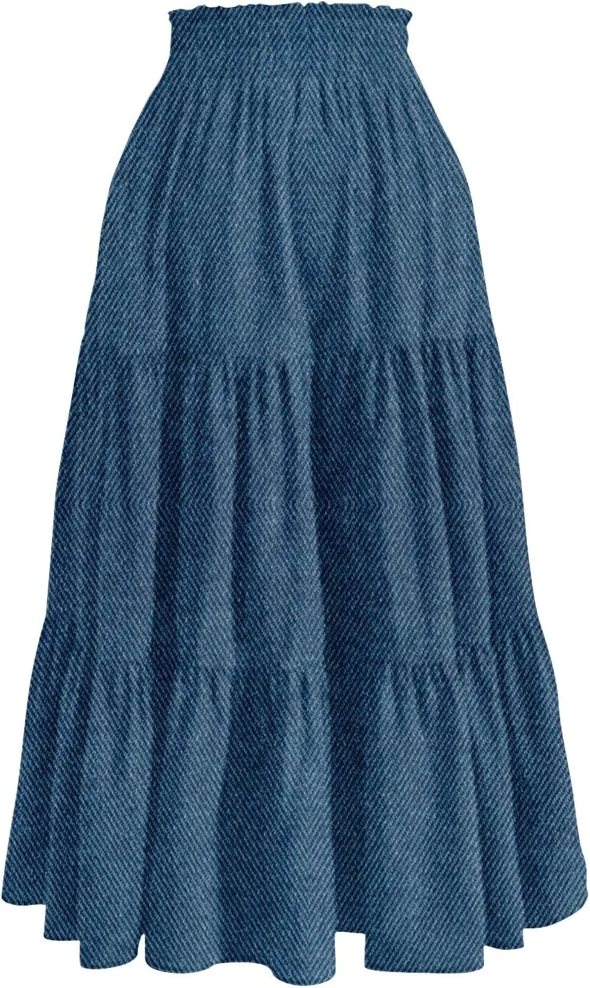 Women's Drawstring Elastic Waist Midi Skirt Solid Color Pleated A Line Tiered Skirts Beach Vacation Flowy Skirt