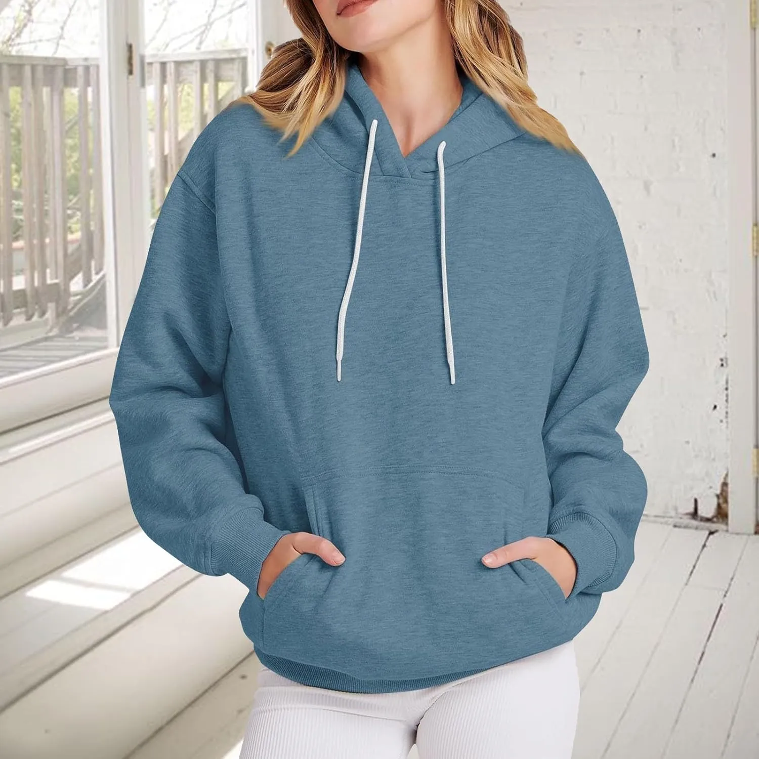 Women's Drawstring Hoodies Oversized Pullover Sweatshirts Pocket Casual Comfy Workout Preepy Track Shirts Fall Tops