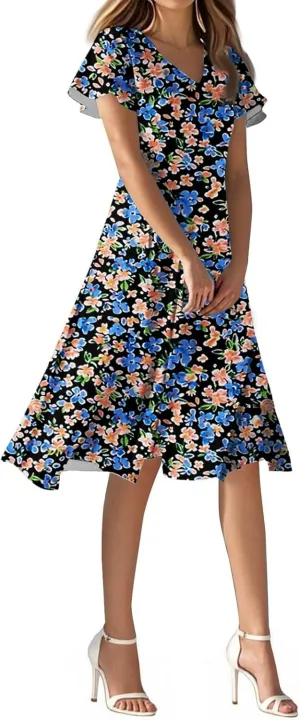 Womens Dresses for Wedding GuestSpring Long,Chiffon Midi Dress Below The Knee Length Ruffle Hem Dressess