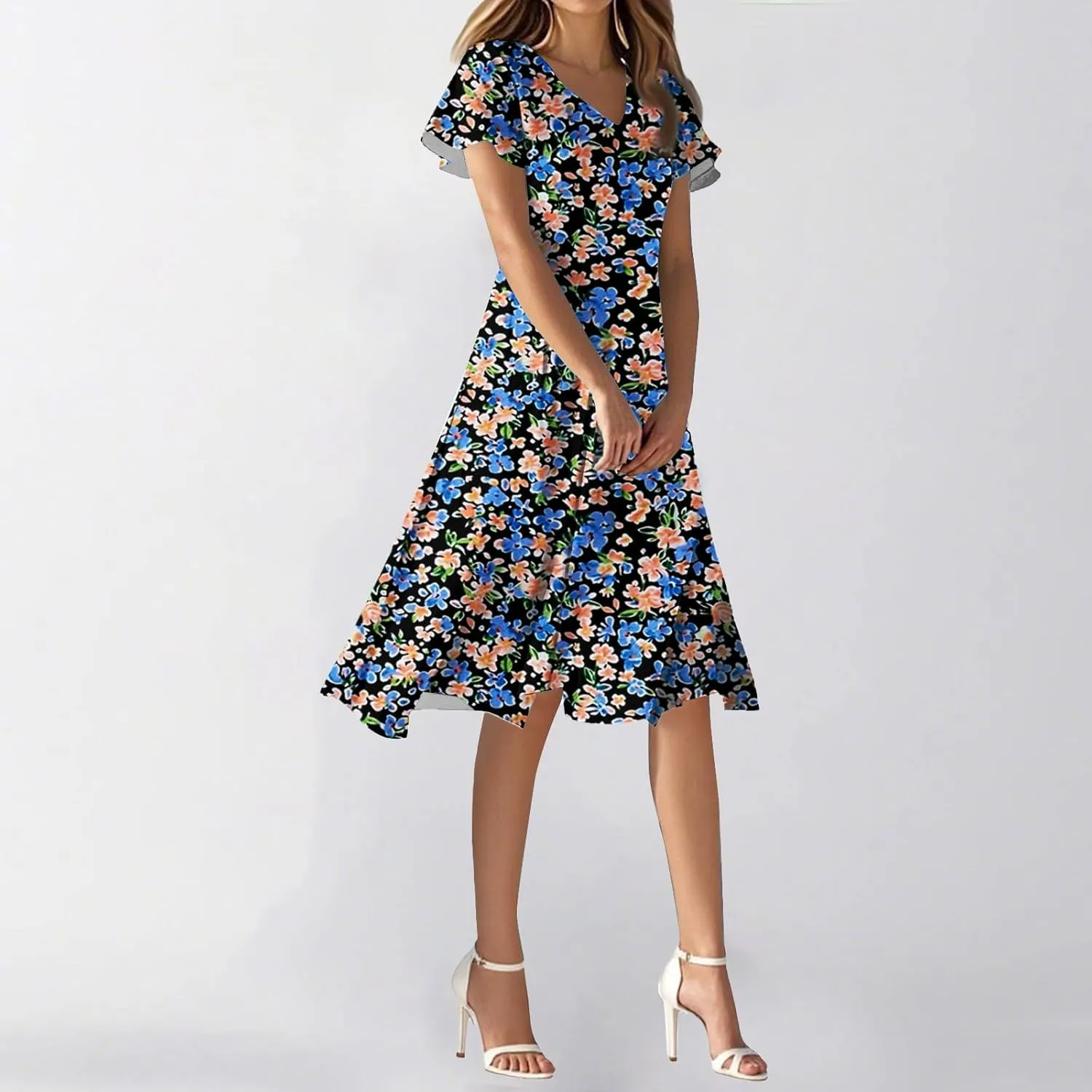Womens Dresses for Wedding GuestSpring Long,Chiffon Midi Dress Below The Knee Length Ruffle Hem Dressess