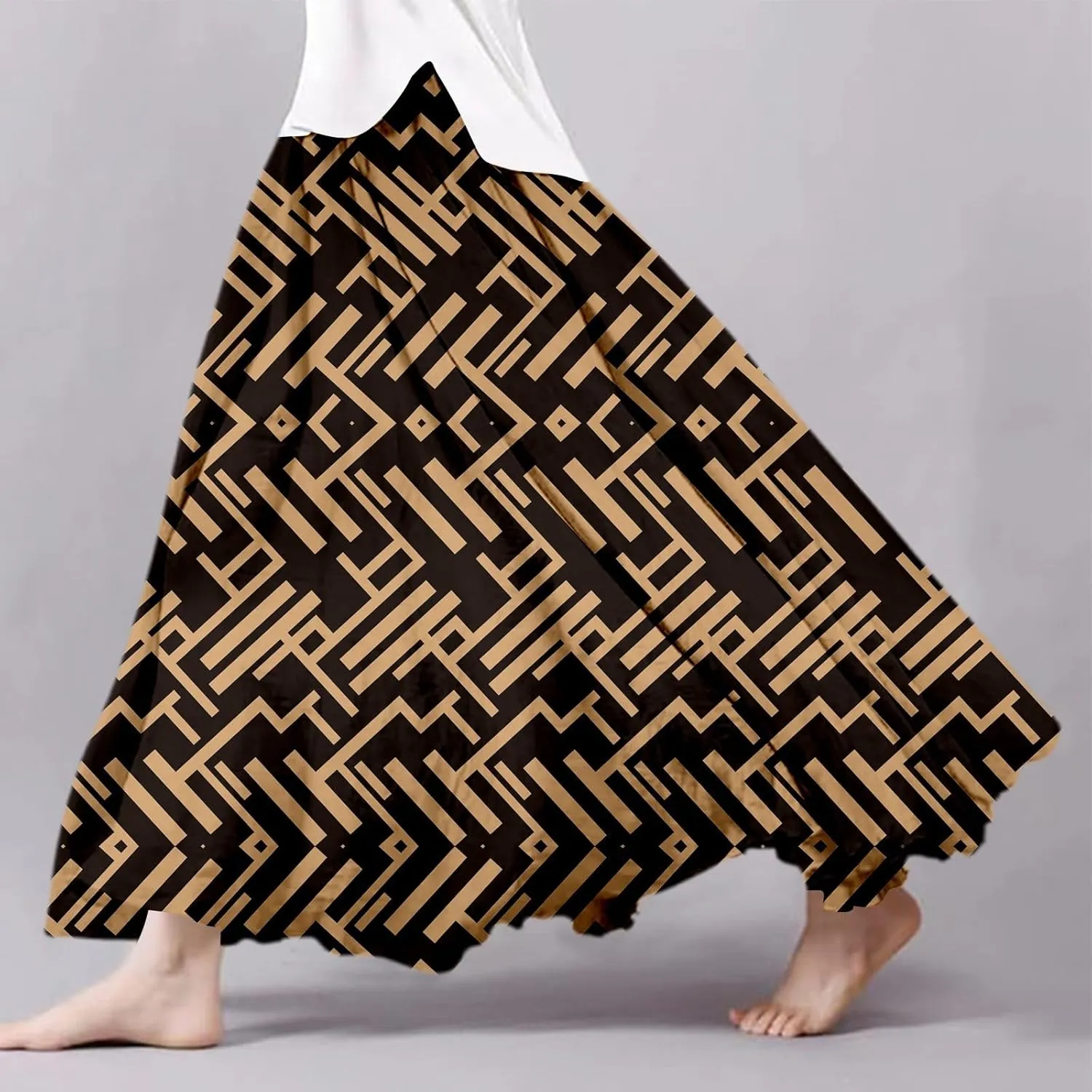 Women's Elastic High Waist Retro Pleated A-Line Flared Maxi Skirt Casual Beach Vacation Floral Boho Flowy Dress