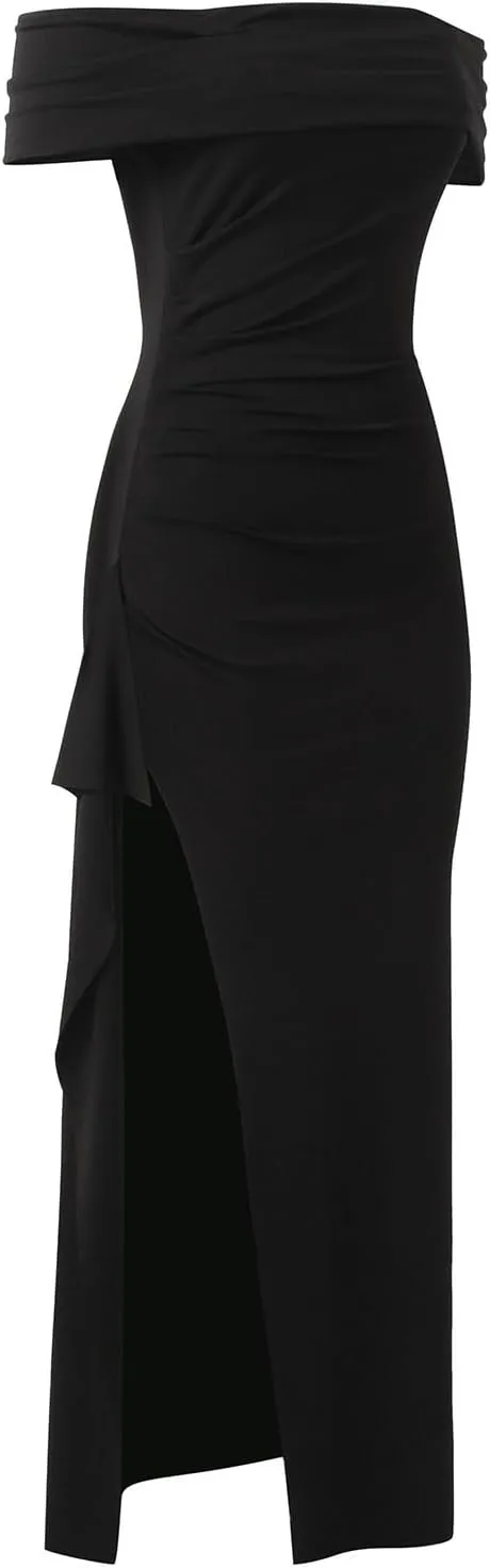 Women's Elegant Bodycon Off Shoulder Sleeveless High Split Ruched Long Formal Evening Dress