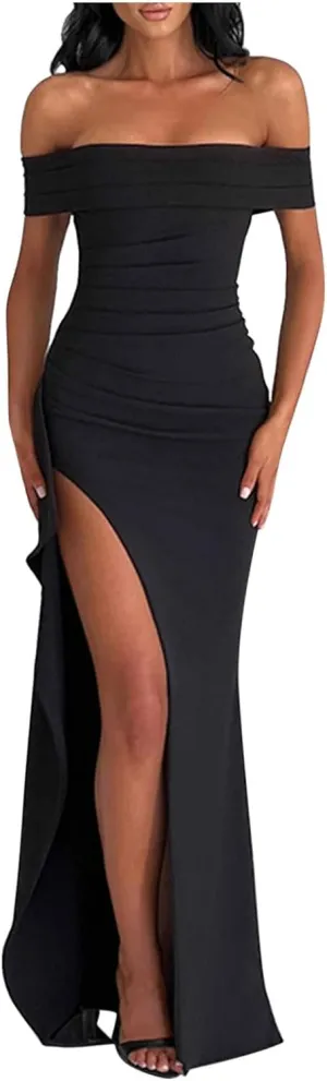 Women's Elegant Bodycon Off Shoulder Sleeveless High Split Ruched Long Formal Evening Dress