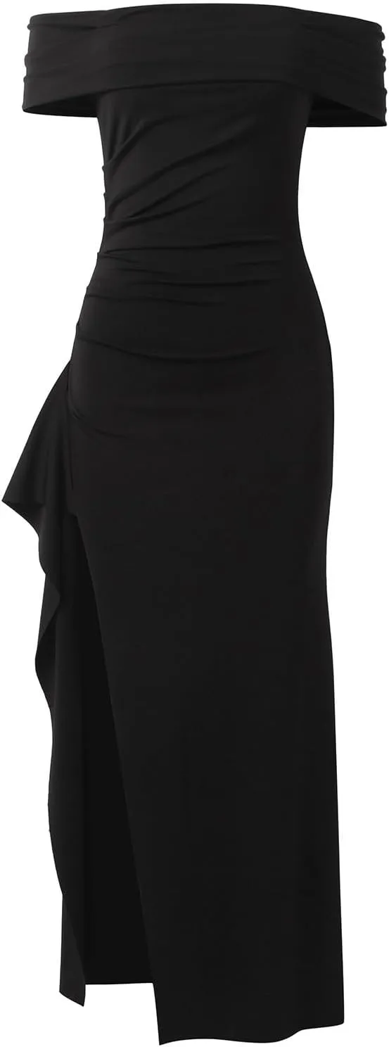 Women's Elegant Bodycon Off Shoulder Sleeveless High Split Ruched Long Formal Evening Dress