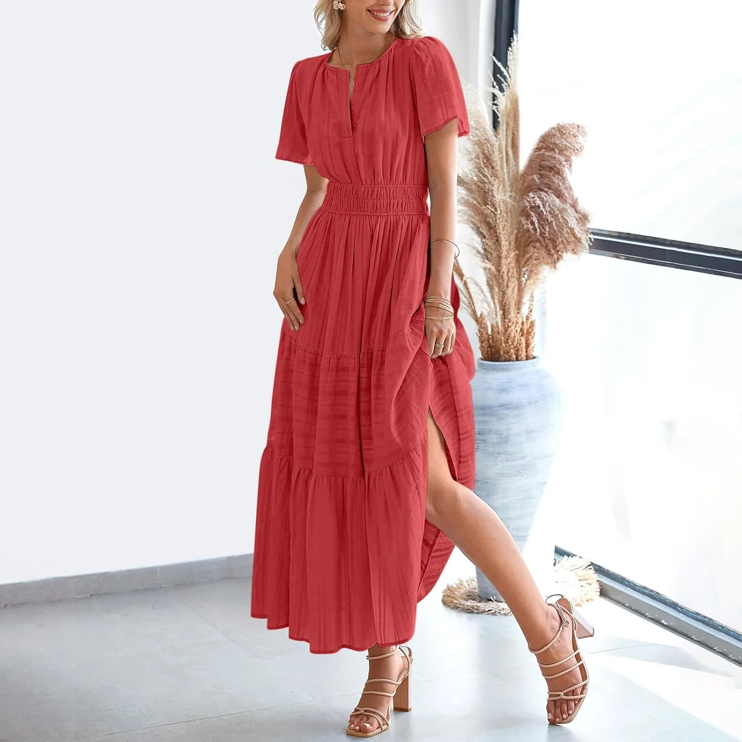 Women's Elegant Long Dress V Neck Short Sleeve A Line Flowy Dresses Empire Waist Tiered Maxi Party Dress Cruise Wear