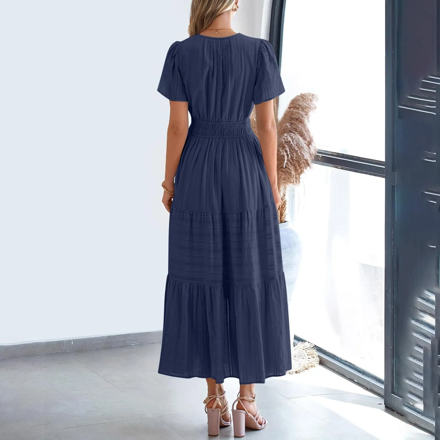 Women's Elegant Long Dress V Neck Short Sleeve A Line Flowy Dresses Empire Waist Tiered Maxi Party Dress Cruise Wear