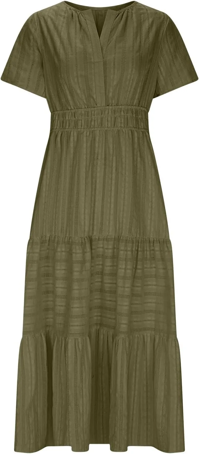 Women's Elegant Long Dress V Neck Short Sleeve A Line Flowy Dresses Empire Waist Tiered Maxi Party Dress Cruise Wear