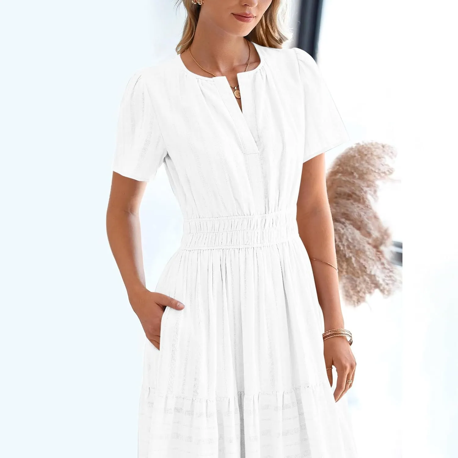 Women's Elegant Long Dress V Neck Short Sleeve A Line Flowy Dresses Empire Waist Tiered Maxi Party Dress Cruise Wear
