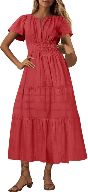Women's Elegant Long Dress V Neck Short Sleeve A Line Flowy Dresses Empire Waist Tiered Maxi Party Dress Cruise Wear