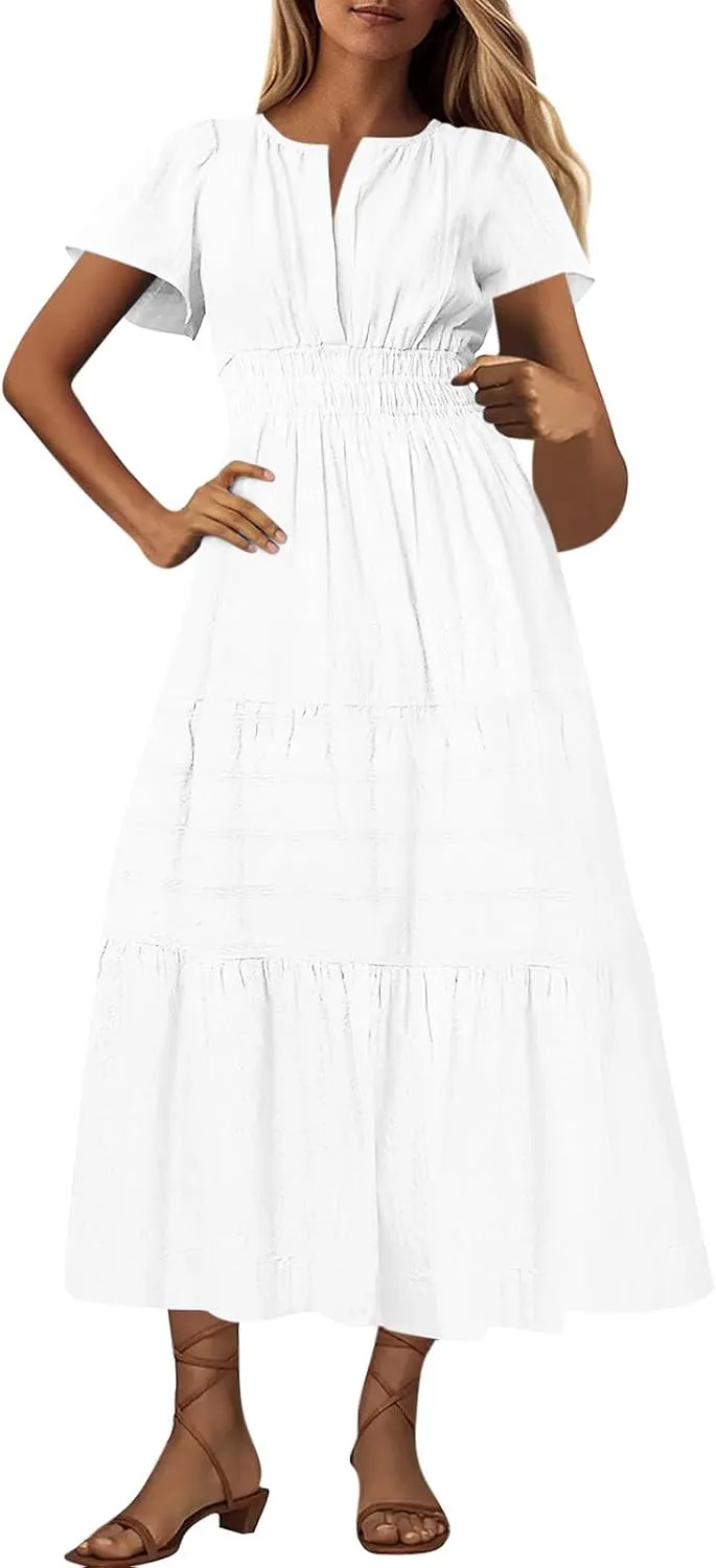 Women's Elegant Long Dress V Neck Short Sleeve A Line Flowy Dresses Empire Waist Tiered Maxi Party Dress Cruise Wear