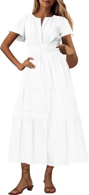 Women's Elegant Long Dress V Neck Short Sleeve A Line Flowy Dresses Empire Waist Tiered Maxi Party Dress Cruise Wear