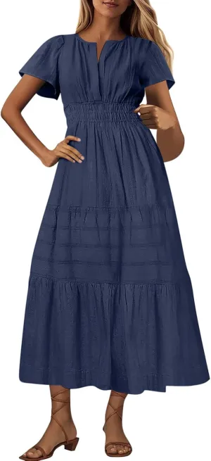 Women's Elegant Long Dress V Neck Short Sleeve A Line Flowy Dresses Empire Waist Tiered Maxi Party Dress Cruise Wear