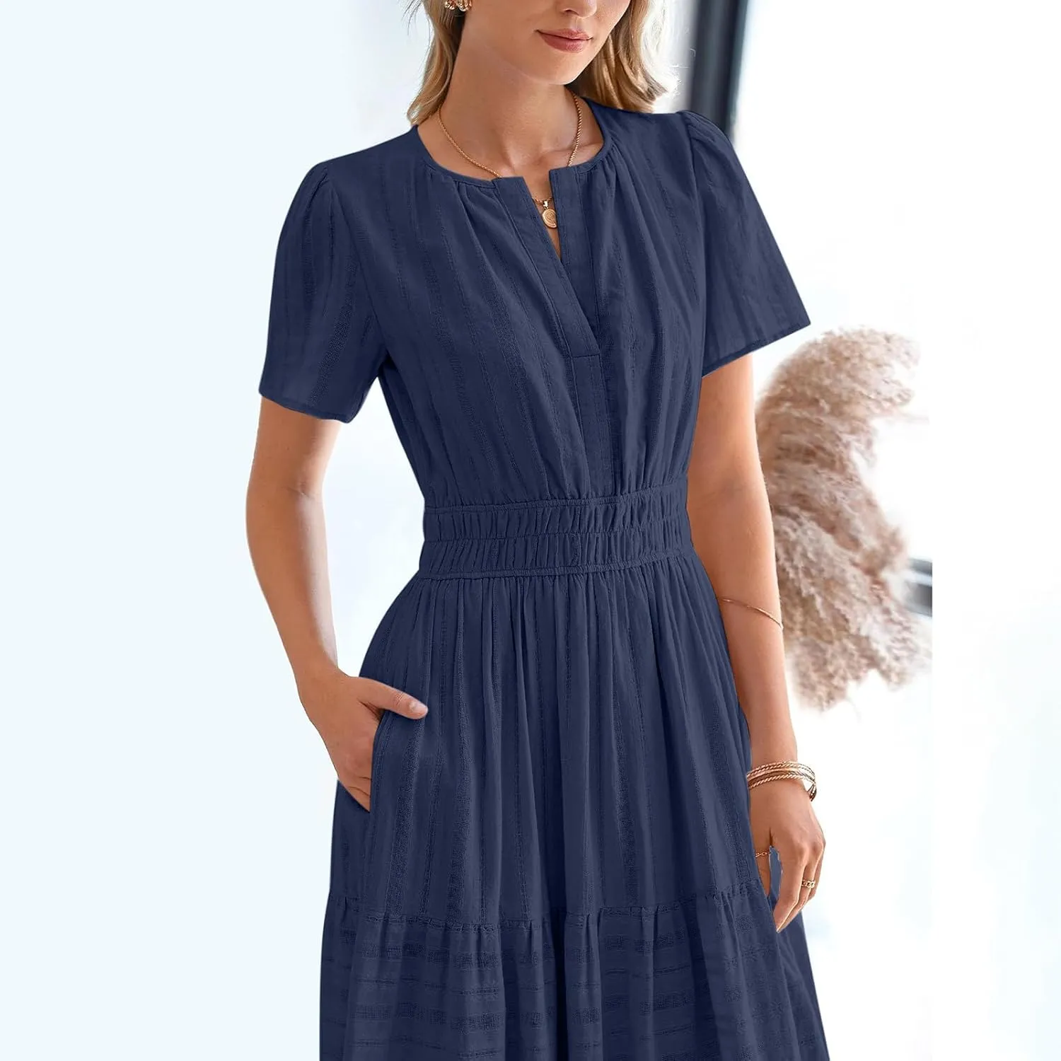 Women's Elegant Long Dress V Neck Short Sleeve A Line Flowy Dresses Empire Waist Tiered Maxi Party Dress Cruise Wear