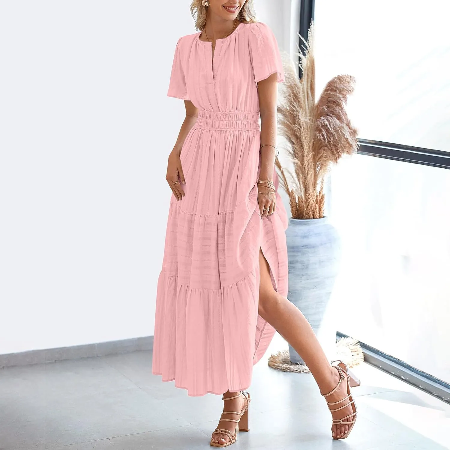 Women's Elegant Long Dress V Neck Short Sleeve A Line Flowy Dresses Empire Waist Tiered Maxi Party Dress Cruise Wear