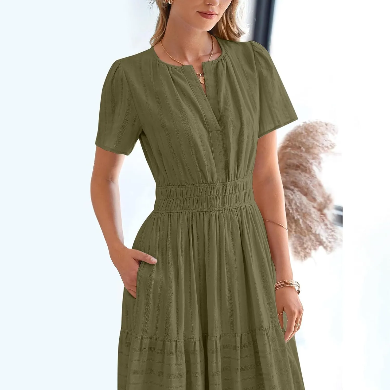 Women's Elegant Long Dress V Neck Short Sleeve A Line Flowy Dresses Empire Waist Tiered Maxi Party Dress Cruise Wear
