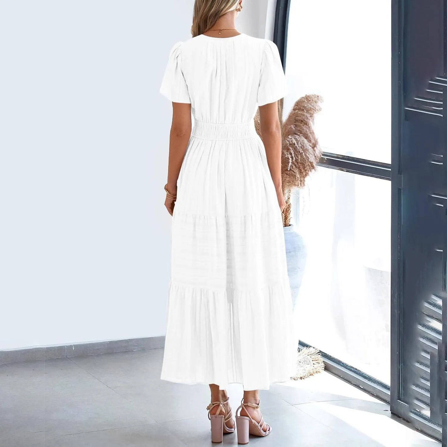 Women's Elegant Long Dress V Neck Short Sleeve A Line Flowy Dresses Empire Waist Tiered Maxi Party Dress Cruise Wear