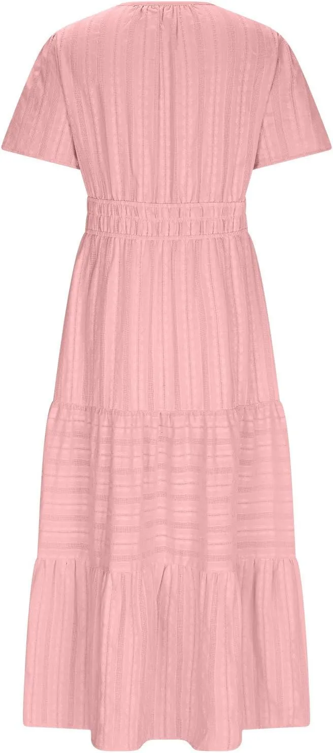 Women's Elegant Long Dress V Neck Short Sleeve A Line Flowy Dresses Empire Waist Tiered Maxi Party Dress Cruise Wear