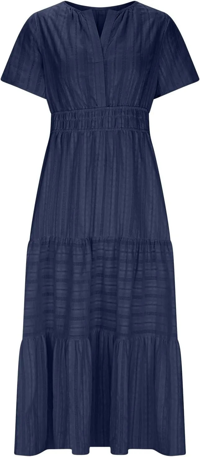 Women's Elegant Long Dress V Neck Short Sleeve A Line Flowy Dresses Empire Waist Tiered Maxi Party Dress Cruise Wear